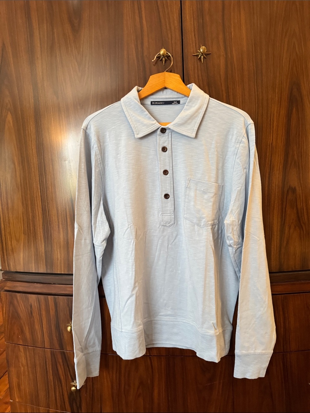 Men's Light Blue Long-Sleeve Polo Shirt with Chest Pocket